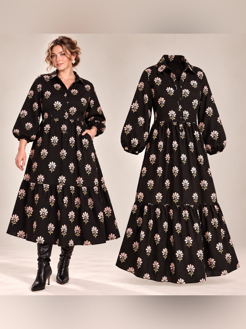 MAEVE Anthropologie Bettina Tiered Shirt Midi Dress Black Pink Floral Daisy 2X